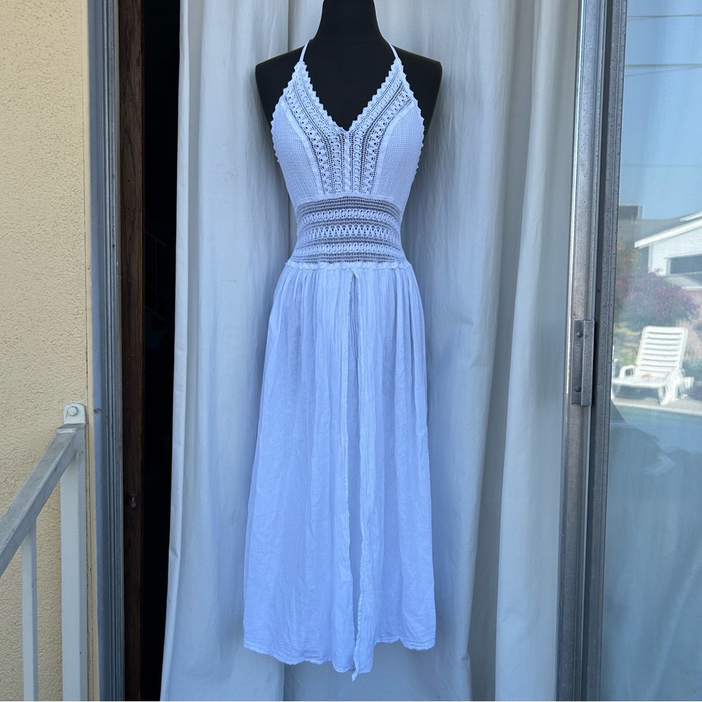 Seaspice White Semi Sheer Midi Dress, Beach Coverup, Summer Boho Coquette Fairy